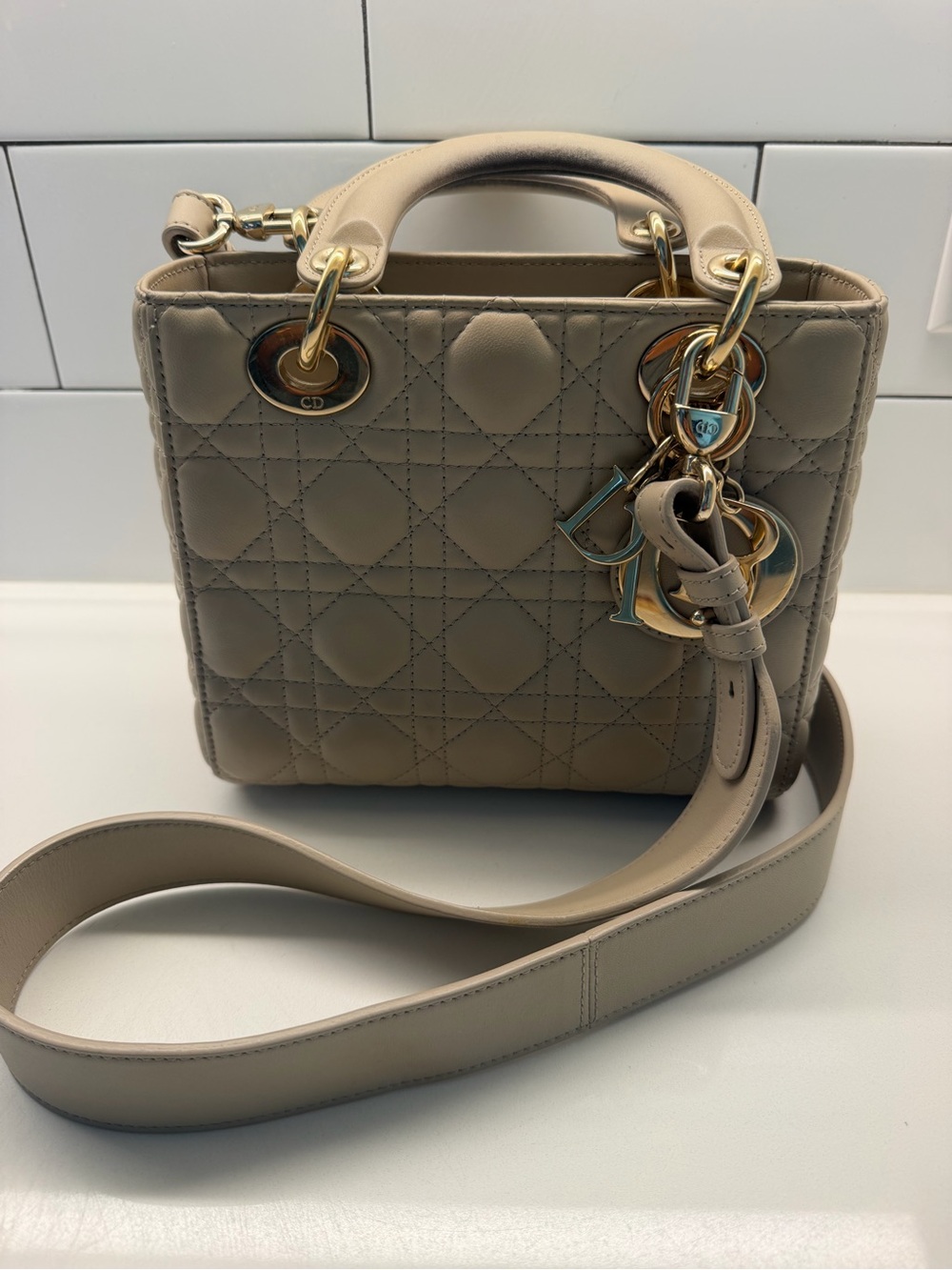 Dior Beige Quilted Lady Dior Medium Top-Handle Bag with Gold Hardware - Picture 5 of 14